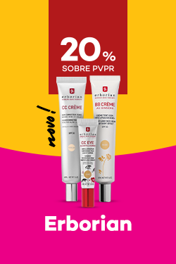 Marca Erborian com destaque promocional de 20% sobre pre&ccedil;o de Venda ao P&uacute;blico Recomendado